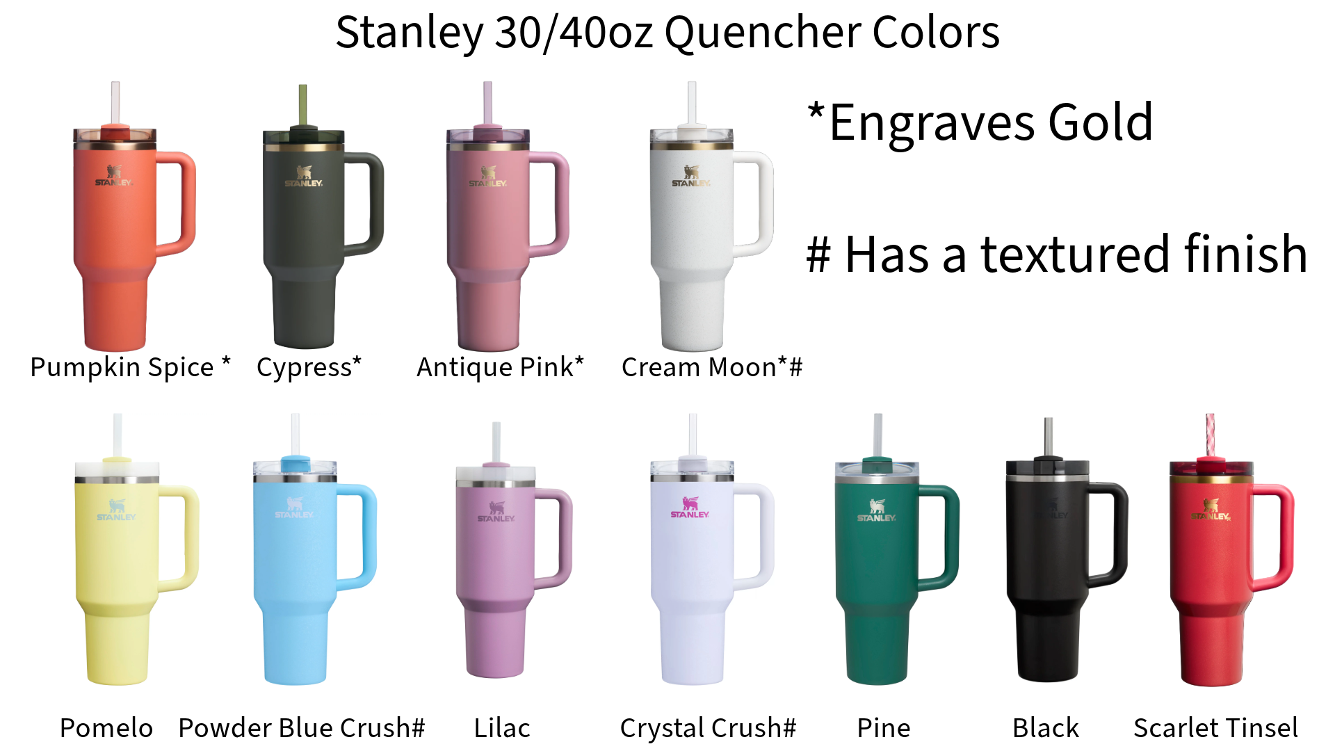 a group of different colored mugs with the names of them