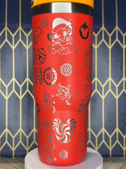 a close up of a red tube with designs on it