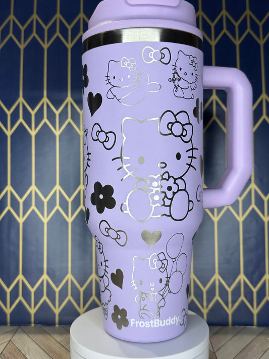 a purple cup with hello kitty designs on it