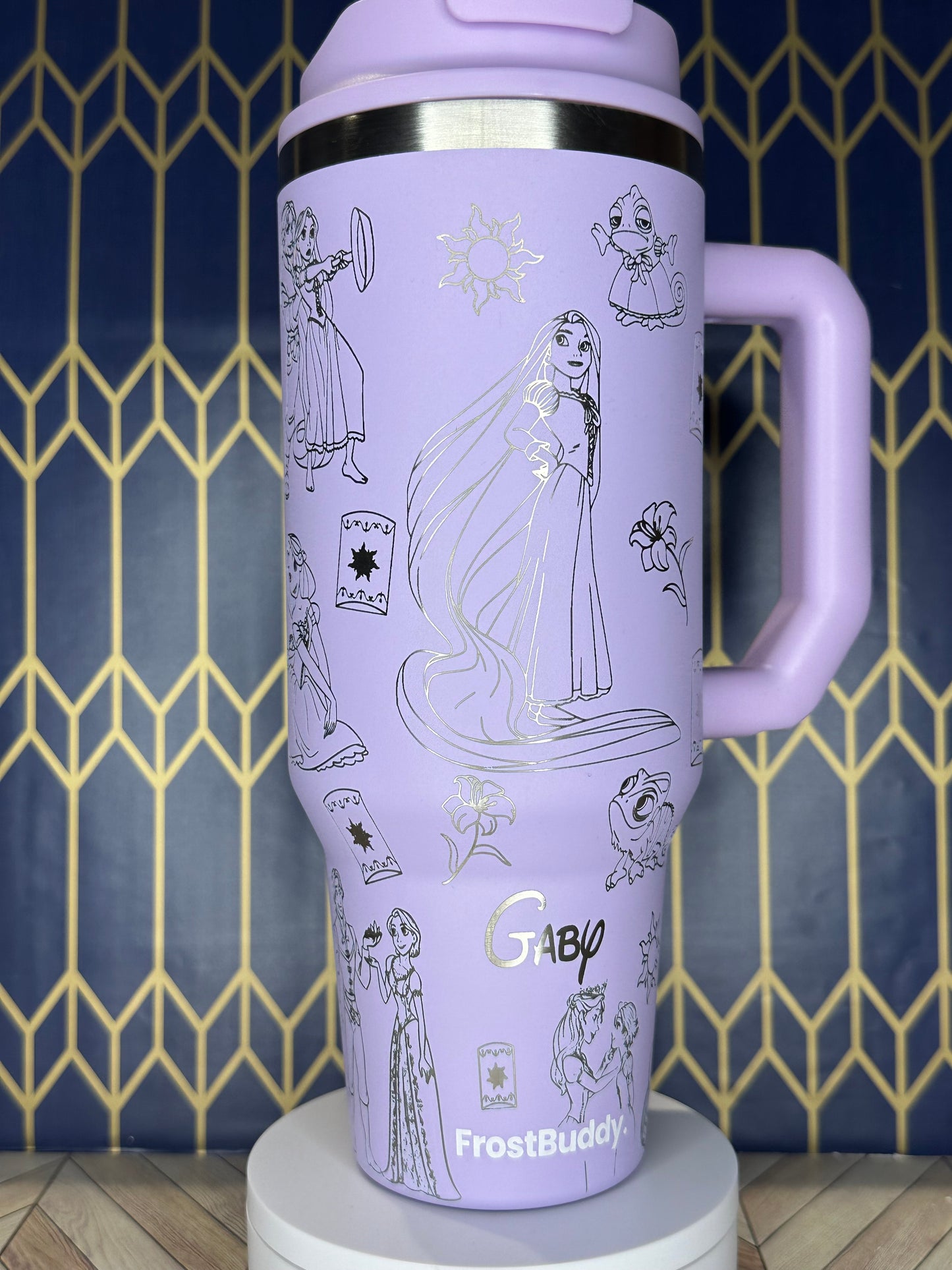 a purple coffee cup with a picture of a bride on it