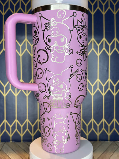 a pink cup holder with a purple handle