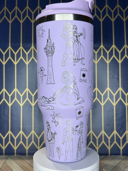 a close up of a purple cup with drawings on it