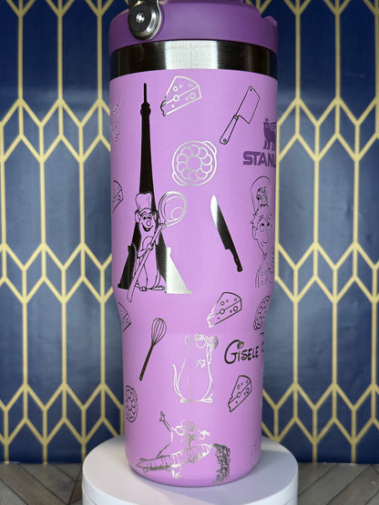 a purple cup with a pattern of kitchen utensils on it