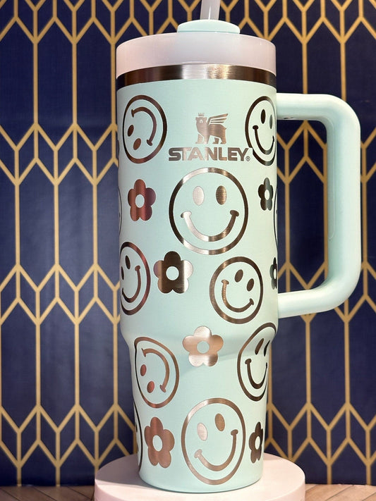 Engraved Tumbler with Smiley Faces and Flowers - FrostBuddy Thicc and ToGo Buddy