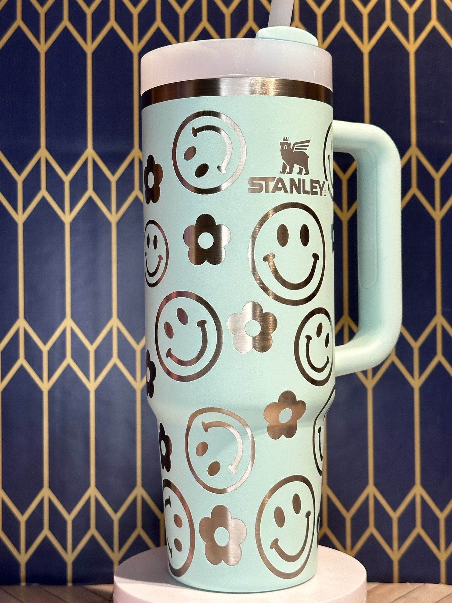 Engraved Tumbler with Smiley Faces and Flowers - Stanley Quencher 30/40oz