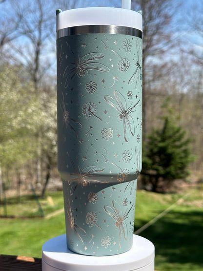 Dragonfly and Dandelion Engraved Tumbler - Stanley Quencher 30/40oz