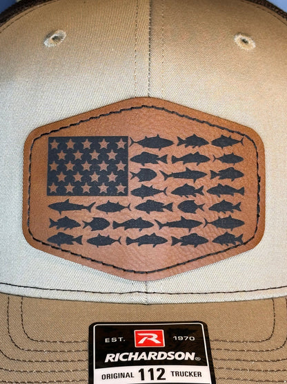 USA Flag Hat with Fish Stripes Leather Patch