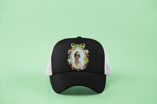 Tiana-Inspired DTF Hat – Princess Frame Design with Floral & Pearl Accents