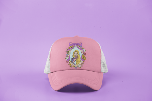 Rapunzel-Inspired DTF Hat – Floral Frame with Lavender Bow & Long Hair Vibes
