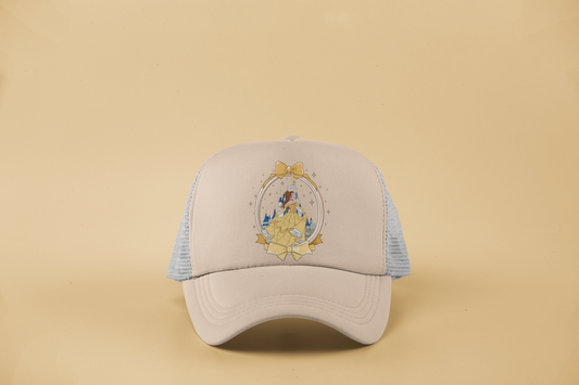 Belle-Inspired DTF Hat – Golden Gown & Castle Design with Elegant Bow Frame