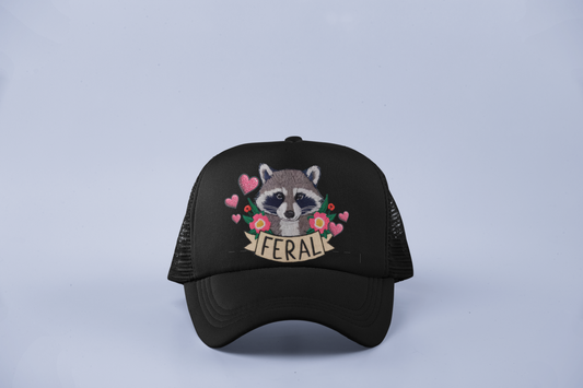 Feral Raccoon DTF Hat – Cute Chaos, Glitter Hearts & Flower Crown Vibes