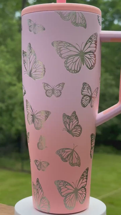 Vaso con mariposa grabada - Stanley IceFlow de 30 oz con pajita